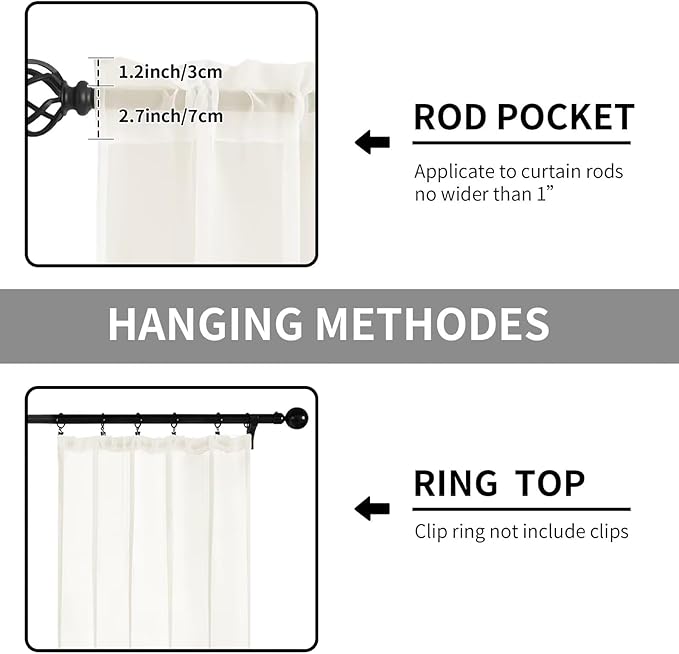 Sheer Curtains 72 Inches Long 2 Panels, Rod Pocket Short Curtain for Kitchen, Bedroom, Cafe Window(Ivory 38" W x 72" L)
