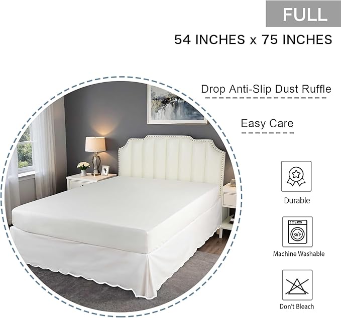 HIG Off-White Chic Full Bed Skirt - Easy Fit Scallop Edge Pleated Bedskirts, 14 Inch Drop Anti-Slip Dust Ruffle, Thick Fabric for Enhanced Privacy, Pre-Washed for Long-Lasting Use(N60022)