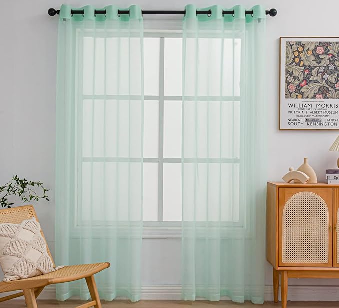 PI Green Sheer Curtains 84 Inches Long,Grommet Top Transparent Voile Sheer Draperies for Nursey/Kindergarten 2 Panels (W52 X L84, Mint Green)
