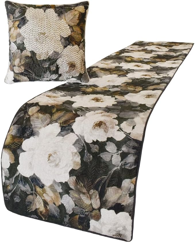 The HomeCentric King/Queen/Twin Gray & Brown Designer Queen 74"x18" Bed Runner with 2 Pillow Cover, Rose, Floral & Bead Embroidery Bed Scarf on Cotton Fabric - Rada