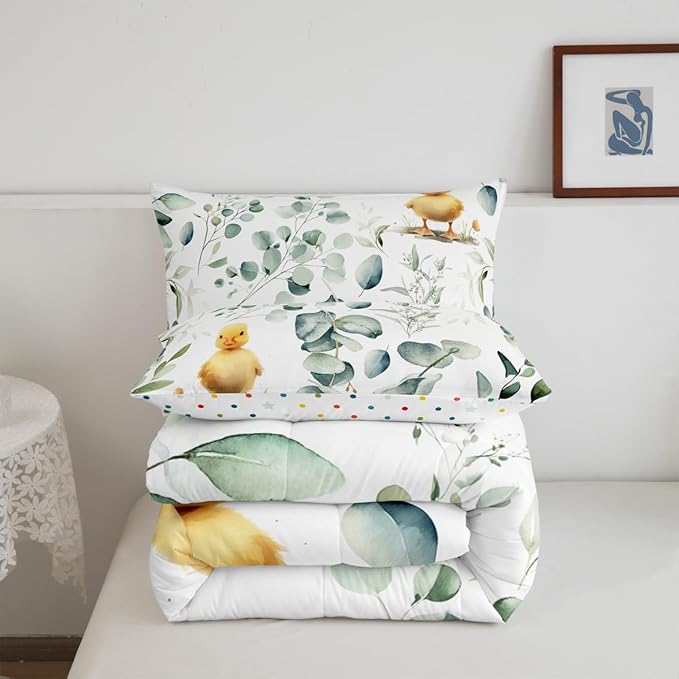 Erosebridal Kids Cute Animal Toddler Bedding Sets for Girls Boys Cartoon Duck Comforter Set, Spring Eucalyptus Bedding Comforter Sets Watercolor Leaves Duvet Insert, Kawaii Farm Animal Down Comforter