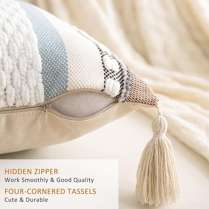 Boho Throw Pillow Covers 18x18 Set of 2 Woven Tufted Farmhouse Pillows Cover with Tassels Textured Striped Cushion Case Neutral Pillow Cases Decorative Pillowcase for Couch,Orange Blue