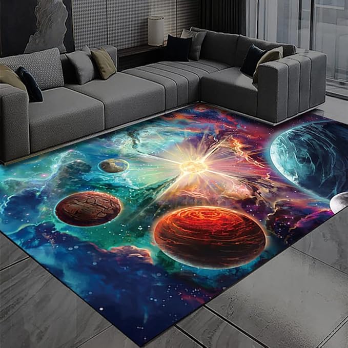 Galaxy Area Rug for Boys Bedroom: 4'x6' Starry Universe Floor Mats for Playroom Washable Solar System Planet Area Rug for Living Room Throw Rugs Pad