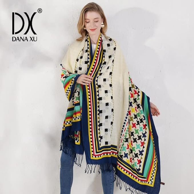DANA XU 100% Merino Wool Pashmina Shawl for Women 96"x43", Oversized Cashmere Wrap with Tassels, Floral Travel Blanket Cape