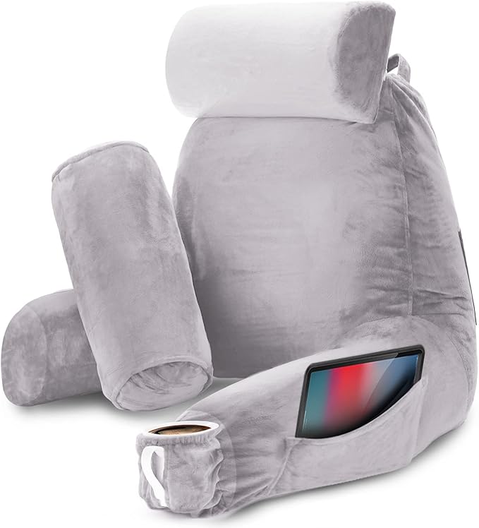 Nestl Reading Pillow with Shredded Memory Foam Includes 2 Neck and Lumber Support Pillows, Designed for Sitting Up in Bed and Couch, Back and Arms Adjustable Support for Adult & Teens, Grey Lavender