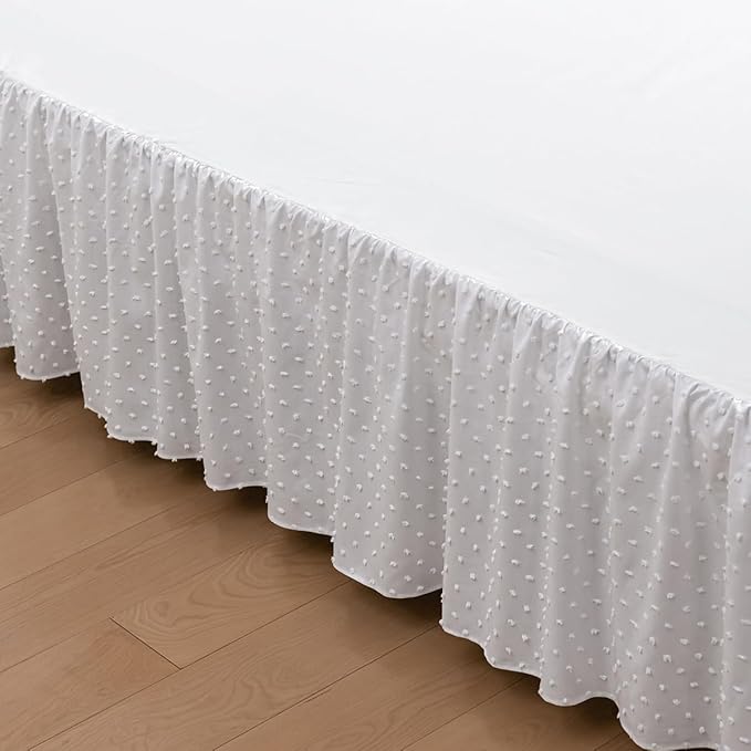 Tufted Dot Bed Skirt Full Size Ruffled Bed Skirt with Split Corners, 14 Inch Drop Dust Ruffle Bed Skirts with Platform, White