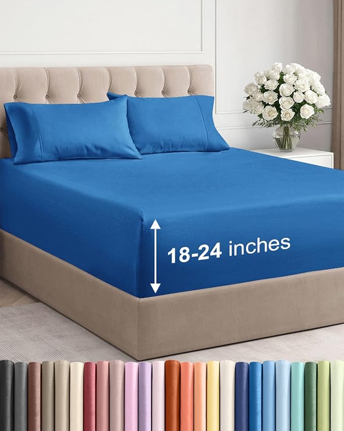 Extra Deep Pocket King Sheets - 4 Piece Breathable & Cooling Bed Sheets - Hotel Luxury Bed Sheet Set - Soft, Wrinkle Free & Comfy - Easily Fits Extra Deep Mattresses - Deep Pocket Royal Blue Sheets