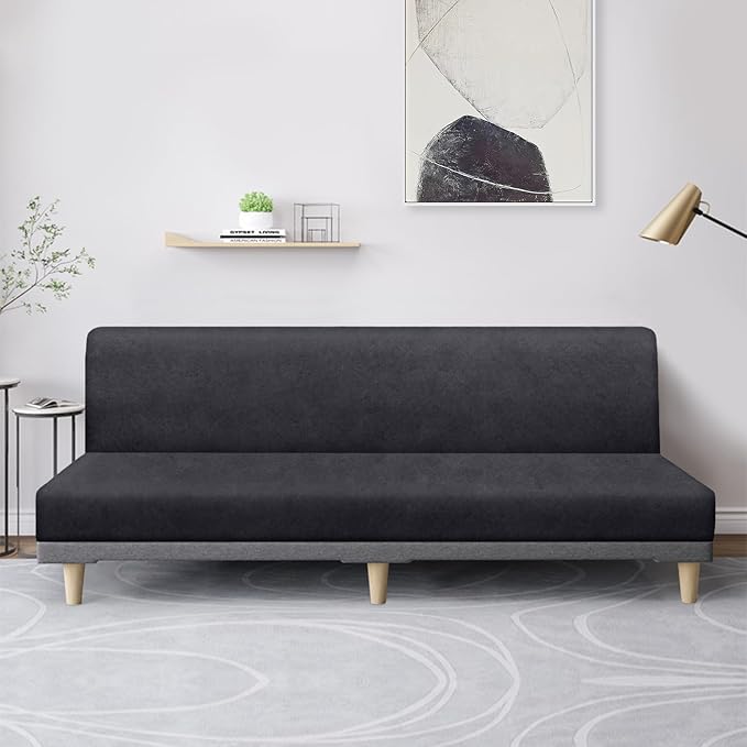 molasofa Leather Like Stretch Futon Slipcover Armless Futon Bed Sofa Cover Furniture Protector with Elastic Bottom, Soft and Washable Futon Cover for Sofa Bed Stay in Place（X Larger，Dark Grey）