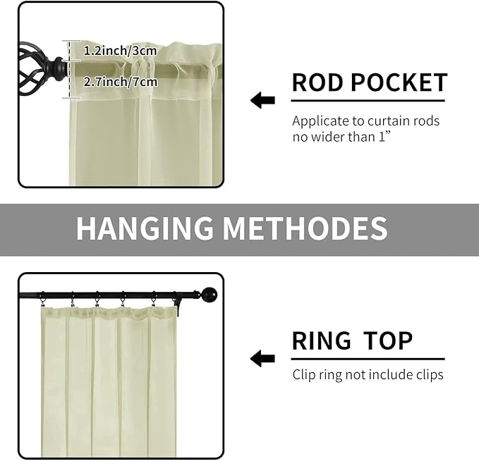 Sheer Curtains 63 Inches Long 2 Panels, Rod Pocket Short Curtain for Kitchen, Bedroom, Cafe Window(Sage Green 38" W x 63" L)