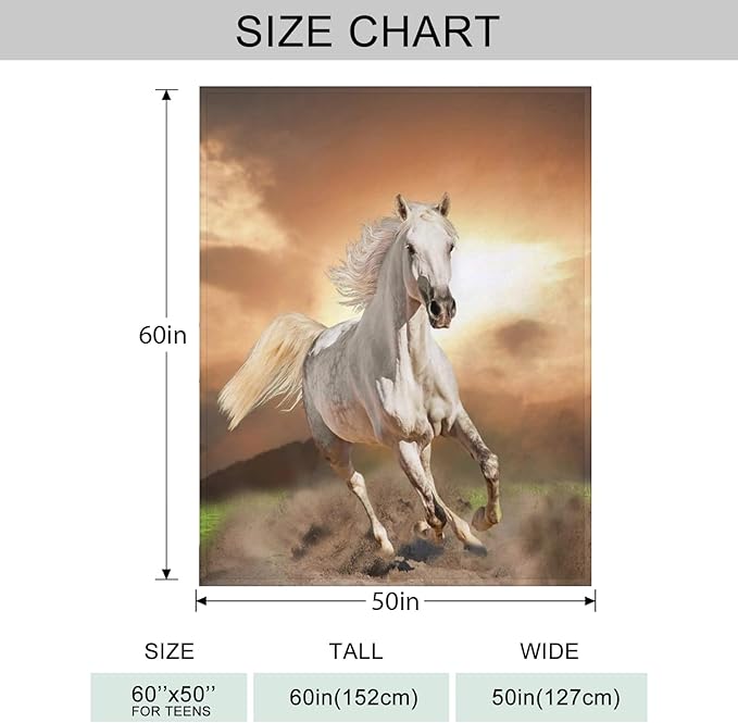White Horse Throw Blanket for Couch, Super Soft Fuzzy Throws Warm Comfortable Plush Fleece Blanket, Fashion Decorative Flannel Fleece Blanket for All Season(50 x 60 in, White Horse& Sunset)