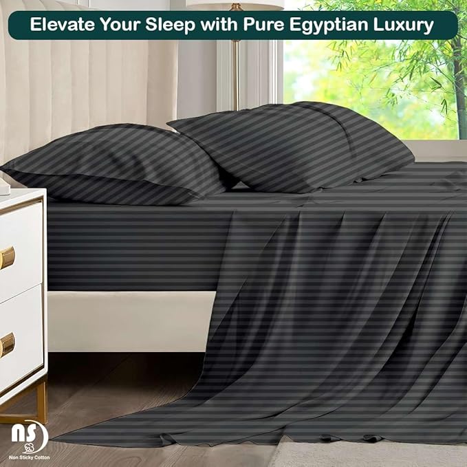 NON Sticky cotton Full Size Sleeper Sofa Sheets, 4 Piece Egyptian Cotton Bed Sheet Set for Sofa Bed, 10" Deep Pocket for Pull Out Couch Mattress, 54" x 75", Dark Grey Stripe, Soft & Breathable