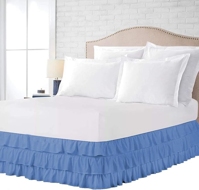 Multi-Ruffle Bed Skirt, Soft Multi Elastic Dust Ruffles with Wrap Around Bed Skirt Easy Fit with 18 Inch Drop 100% Cotton 800 Thread Count (California King, Medium Blue)