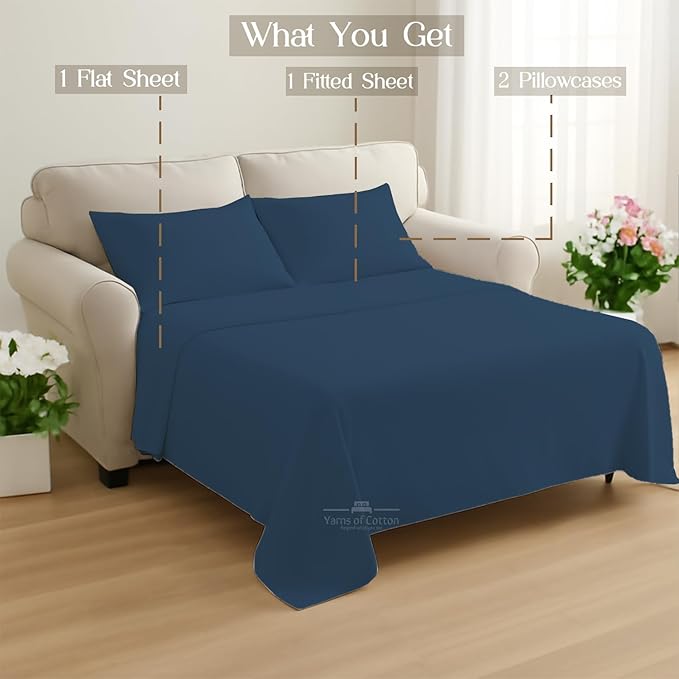 Sleeper Sofa 4 Piece Bed Sheet Set Premium Quality 100% Cotton 500 Thread Count, Smooth & Super Soft Sateen Weave, Extra Soft Bed Sheets, Wrinkle Free, 6 Inch Deep Pocket (Queen, Medium)