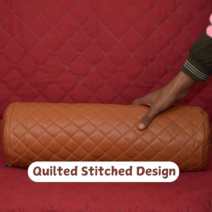 Neck Roll Pillow Cushion Cover, 18x5 Inch Full Moon Round Bolster Pillow Case, Cylinder Soft Lambskin Leather Pillowcase for Head, Spine & Neck Support During Sleep - Quilted Tan Pack of 2