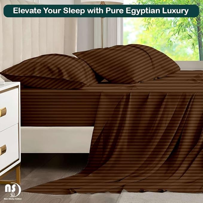 NON Sticky cotton Twin Size Sleeper Sofa Sheets, 4 Piece Egyptian Cotton Bed Sheet Set for Sofa Bed, 10" Deep Pocket for Pull Out Couch Mattress, 39" x 75", Chocolate Stripe, Soft & Breathable