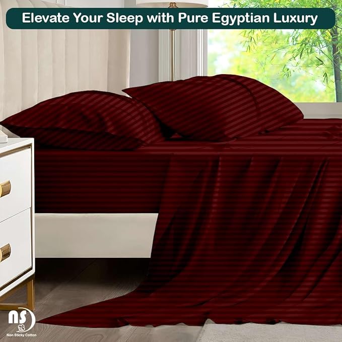 NON Sticky cotton Twin Size Sleeper Sofa Sheets, 4 Piece Egyptian Cotton Bed Sheet Set for Sofa Bed, 7" Deep Pocket for Pull Out Couch Mattress, 39" x 75", Burgundy Stripe, Soft & Breathable