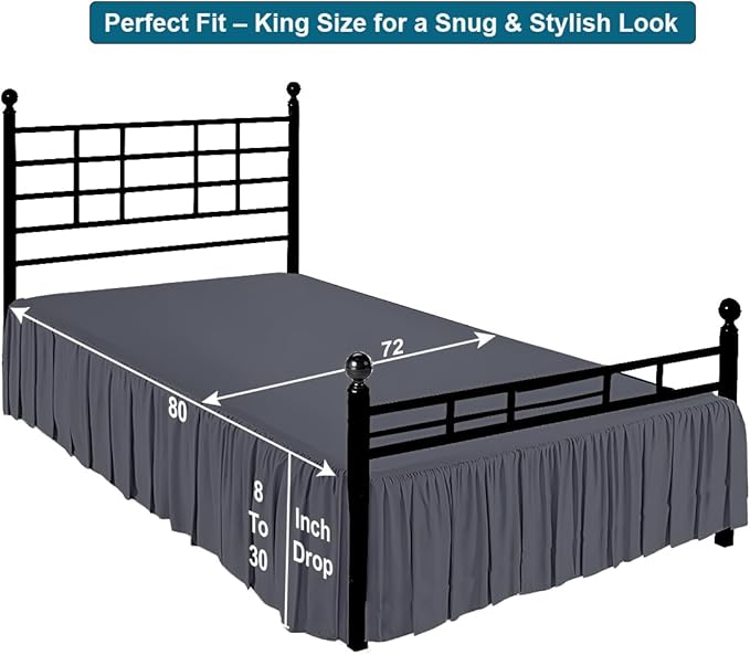 Shreem Linen Ruffled Bed Skirt with Split Corners, Gathered Style, 100% Microfiber, 16-Inch Drop, Dust Ruffle Bedskirt with Platform, King, Dark Grey