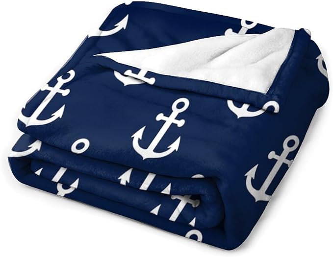 Anchor Blanket Vintage Rustic Ocean Nautical Style Navy Blue White Soft Cozy Lightweight Throw Blanket for Kids Girls Boys Women Men Bedroom Living Room Dorm Chair Sofa Travel 50x60in