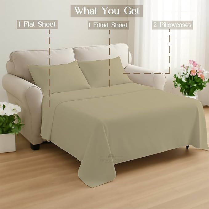 Sleeper Sofa 4 Piece Bed Sheet Set Premium Quality 100% Cotton 500 Thread Count, Smooth & Super Soft Sateen Weave, Extra Soft Bed Sheets, Wrinkle Free, 4 Inch Deep Pocket (Full, Beige)