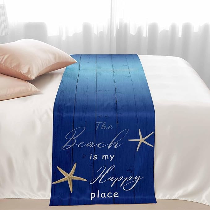 Happy Beach Place Marine Starfish Bed Runner for Bedroom Hotel, Decorative Bedding Scarf Gradient Blue Wood Grain End Blanket Runner for California King Size, 102x20in