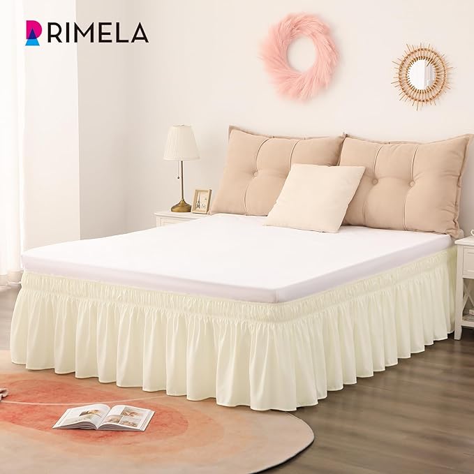 RIMELA Butter Yellow Bed Skirt Twin Size 15 Inch Drop, Elastic Bed Skirting for Bed Base and Frame, Bedding Dust Ruffle Easy to Install, Lightweight Comforter Set with Wrap Around Adjustable Bedskirt