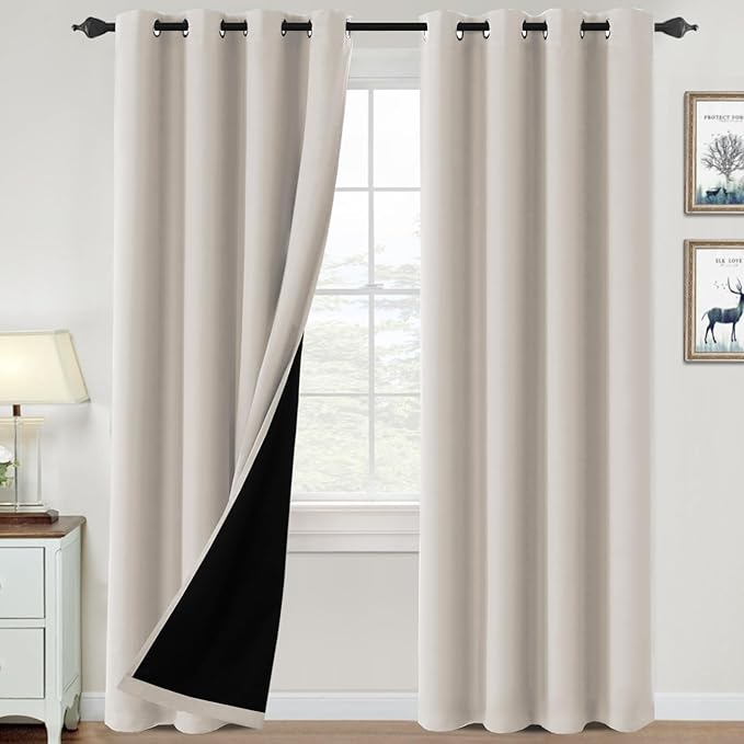 H.VERSAILTEX 100% Blackout Curtains for Bedroom Thermal Insulated Blackout Curtains 84 inch Length Heat and Full Light Blocking Curtains for Living Room with Black Liner 2 Panels Set, Fog