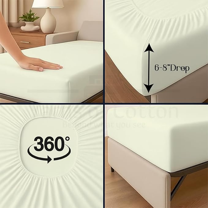 Sleeper Sofa 4 Piece Bed Sheet Set Premium Quality 100% Cotton 500 Thread Count, Smooth & Super Soft Sateen Weave, Extra Soft Bed Sheets, Wrinkle Free, 6 Inch Deep Pocket (Queen, Ivory)