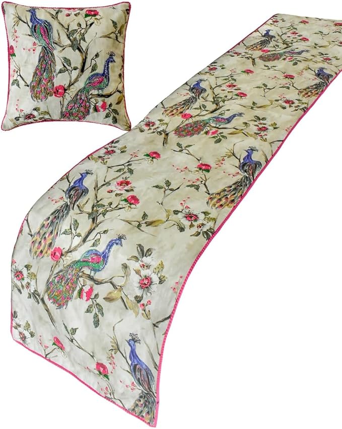 The HomeCentric King/Queen/Twin Pink & Purple Luxury King 90"x18" Bed Runner with One Pillow Cover, Peacock, Beaded, Pom Pom Lace Bed Scarf on Cotton Fabric - Pavo Paradiso