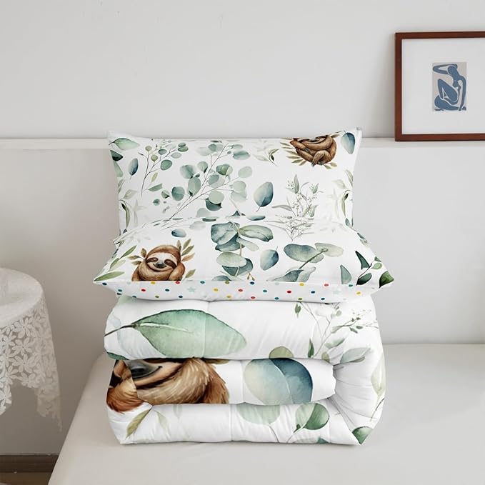 Erosebridal Girls Kawaii Animal Queen Bedding Sets Cute Sloth Comforter Set, Cartoon Wildlife Down Comforter Green Leaf Bedding Comforter Sets, Spring Plant Duvet Insert Child Kids Bedroom Decor
