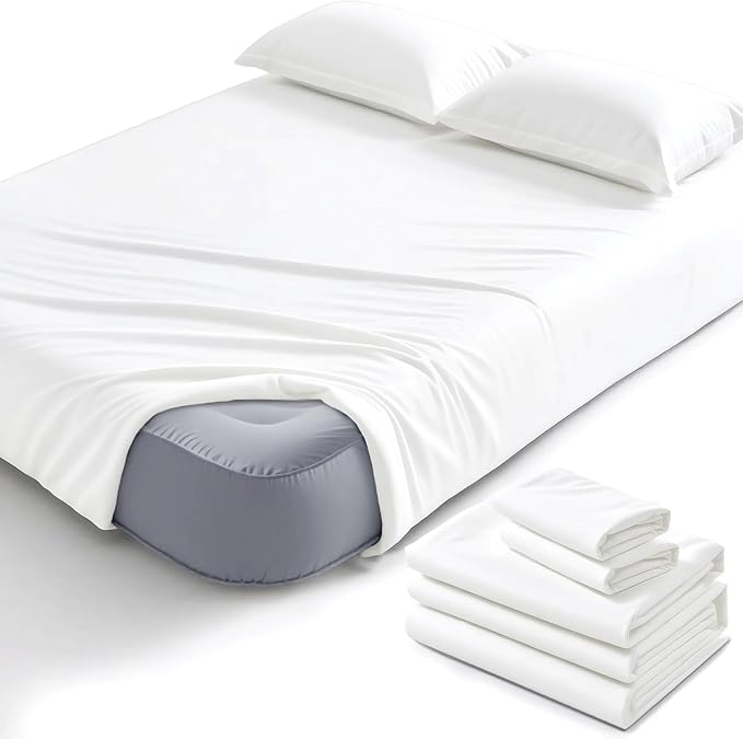 Degrees of Comfort Coolmax Queen Sheet Set for Air Mattress – Extra Deep Pocket Fitted Sheet up to 22”, 4-Piece Bedding Sets with Dual Side Storage Pockets, Soft, Breathable & Wrinkle-Free, White