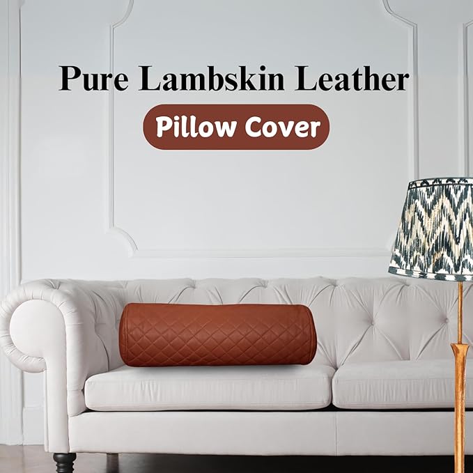 Neck Roll Pillow Cushion Cover, 14x6 Inch Full Moon Round Bolster Pillow Case, Cylinder Soft Lambskin Leather Pillowcase for Head, Spine & Neck Support During Sleep - Quilted Brown Pack of 1