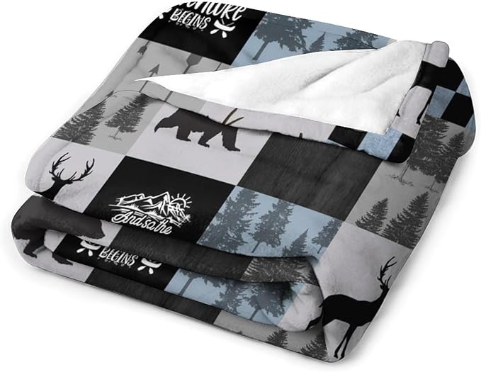 Bear Cabin Plaid Blanket, Rustic Retro Bear Deer Patchwork Gray Blue Farmhouse Throw Blanket for Couch Bed Living Room, 60"x80"