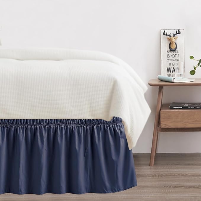 Twin Bed Skirt, Elastic Wrap Around Bed Skirt Twin Size, Bed Skirts for Adjustable Bed, Easy Fit with 14" Drop Length Tailored Drop Dust Ruffle (Navy)