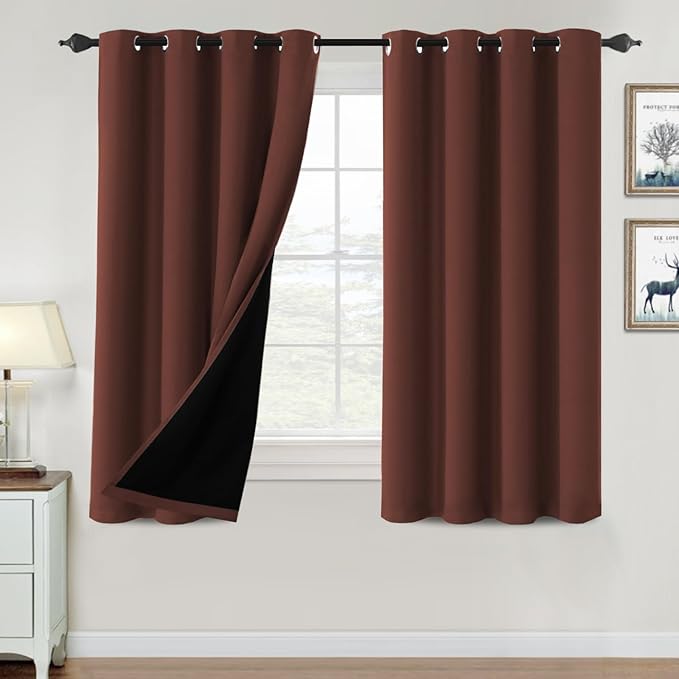 H.VERSAILTEX 100% Blackout Curtains for Bedroom Thermal Insulated Blackout Curtains 54 inch Length Heat and Full Light Blocking Curtains for Living Room with Black Liner 2 Panels Set, Rust
