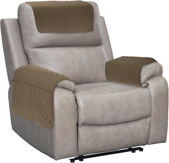 uxcell 3 PCS Armrest Covers, Couch Arm Cover Furniture Protect Slide Recliner Chair Armchair Covers with Side Storage Pocket for Sofa Recliner, Camel