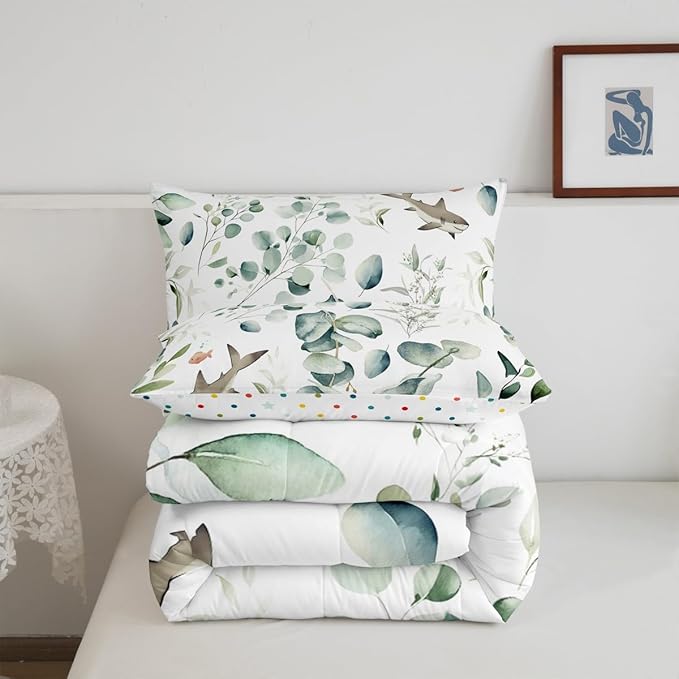 Erosebridal Girls Kawaii Animal Queen Bedding Sets Cute Shark Comforter Set, Cartoon Wildlife Down Comforter Green Leaf Bedding Comforter Sets, Spring Plant Duvet Insert Child Kids Bedroom Decor