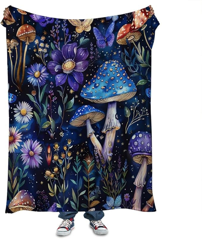 Cute Whimsical Mushroom Throw Blanket Aesthetic Dark Botanical Florals Throw,Witchy Gifts for Women,Gothic Gifts,Soft Cozy Warm Moth Witchy Plush Blanket Throw for Women Girls Mom 60"x80"