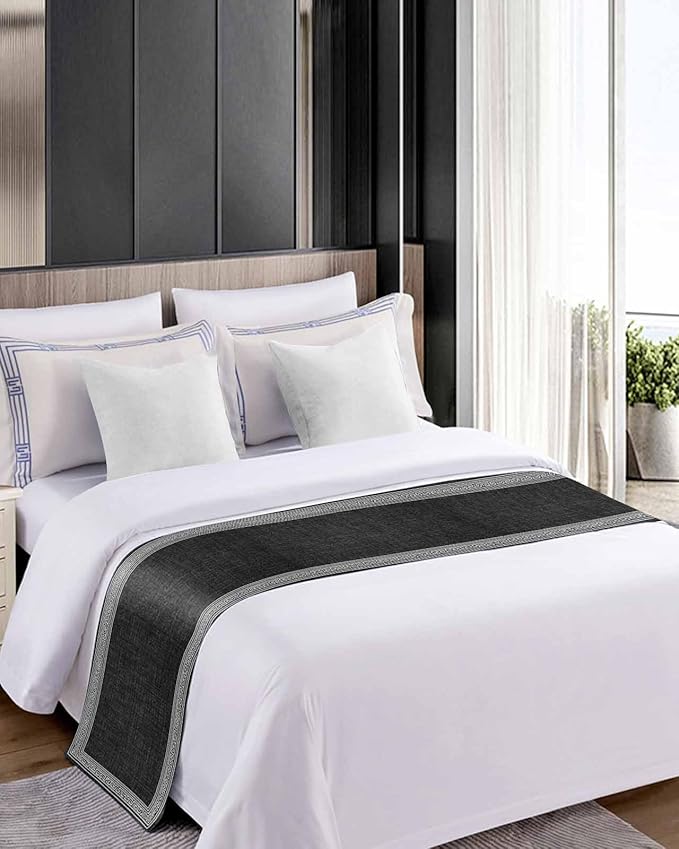 Greece Key Design Black White Bed Runners for Bedroom Hotel,Decorative Bedding Scarf Vintage Burlap Linen Bed End Blanket Bedding Runner Scarves for Twin Size Bed,71x20in
