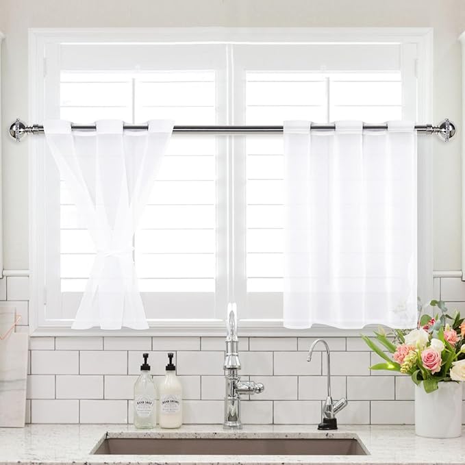 XWZO Sheer Curtains for Bedroom, Light Filtering, Gauzy & Breathable Solid Voile Grommet Window Curtains for Kitchen Room, Farmhouse, Nursery with Tiebacks, White, W42 x L30, Set of 2 Panels