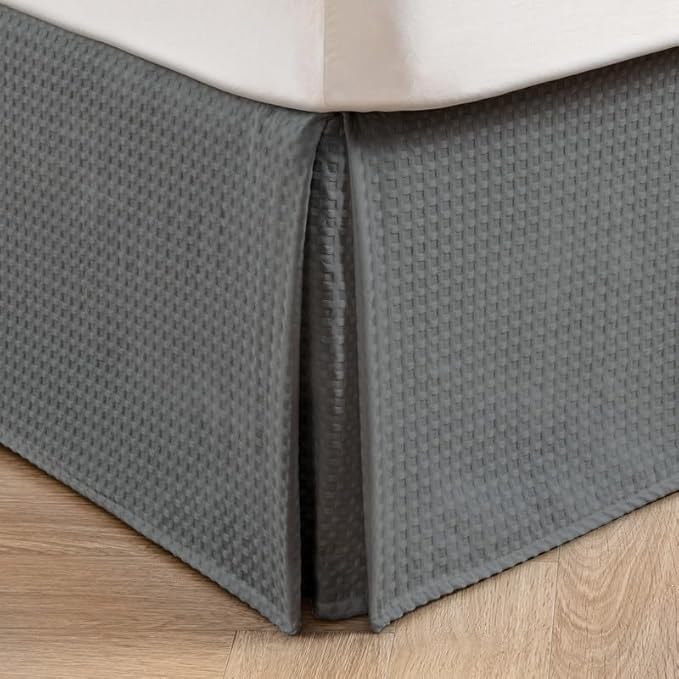 MIYE Pleated Waffle Weave Bed Skirt, Tailored Dust Ruffle 16 Inch Drop Easy Fit, Machine Washable (Dark Grey, Full - 16" Drop)
