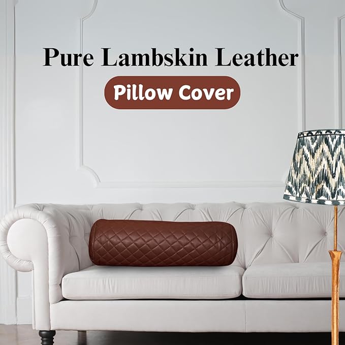Neck Roll Pillow Cushion Cover, 24x5 Inch Full Moon Round Bolster Pillow Case, Cylinder Soft Lambskin Leather Pillowcase for Head, Spine & Neck Support During Sleep - Quilted Chocolate Brown Pack of 2