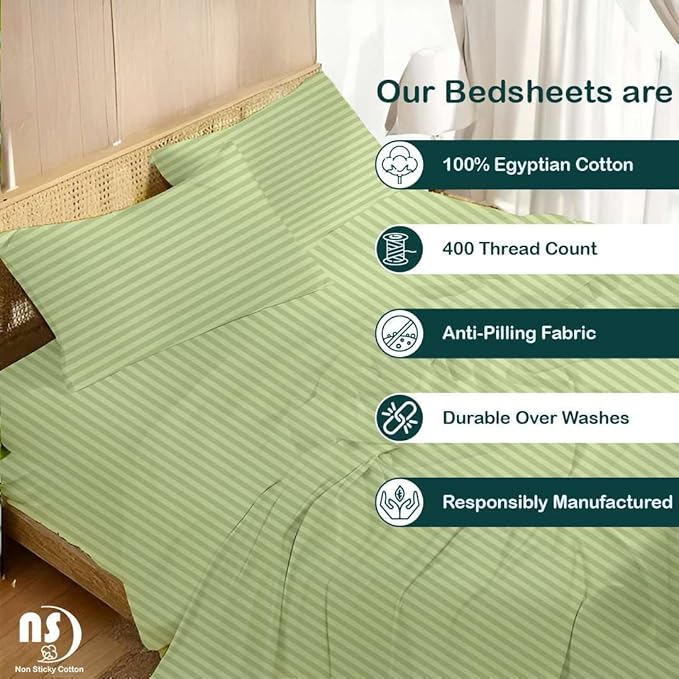 NON Sticky cotton Full Size Sleeper Sofa Sheets, 4 Piece Egyptian Cotton Bed Sheet Set for Sofa Bed, 6" Deep Pocket Fitted Sheet for Pull Out Couch Mattress, 54" x 75", Sage Stripe, Soft & Breathable