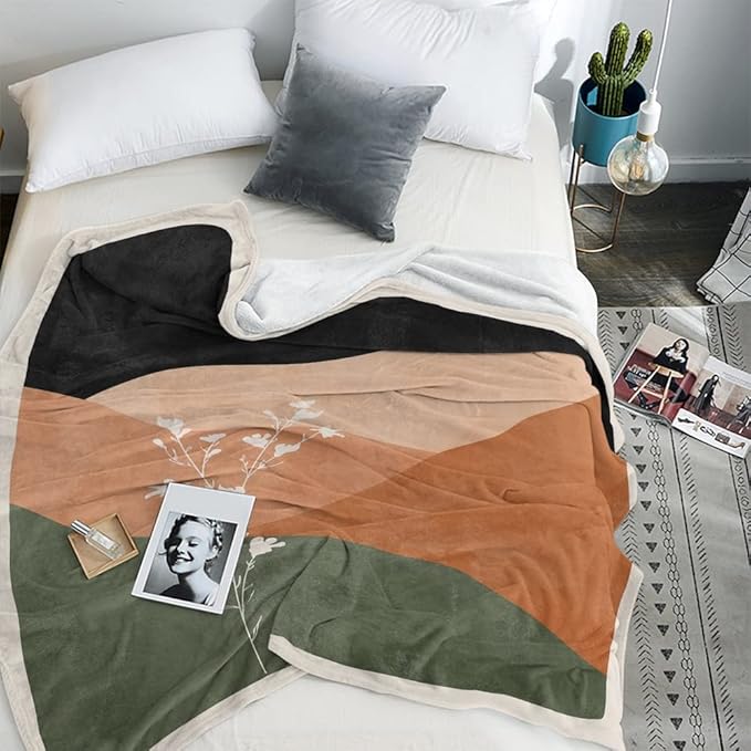 Boho Orange Mid Century Blankets Abstract Modern Throw Blanket Minimalist Sun Aesthetic Soft Warm Bed Bedding Women Blankets for Couch Bedroom Sofa Office Cozy Flannel Blankets 50"X60"