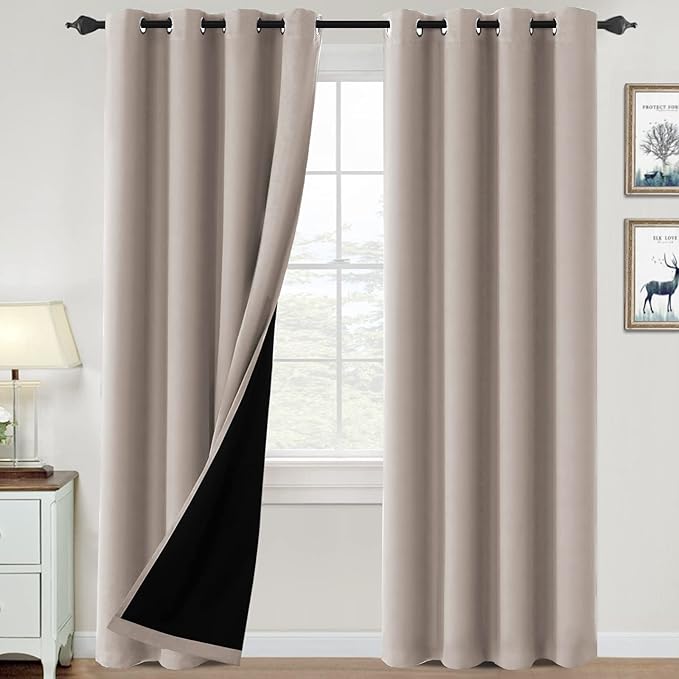H.VERSAILTEX 100% Blackout Curtains for Bedroom Thermal Insulated Blackout Curtains 108 inch Length Heat and Full Light Blocking Curtains for Living Room with Black Liner 2 Panels, Natural Sand