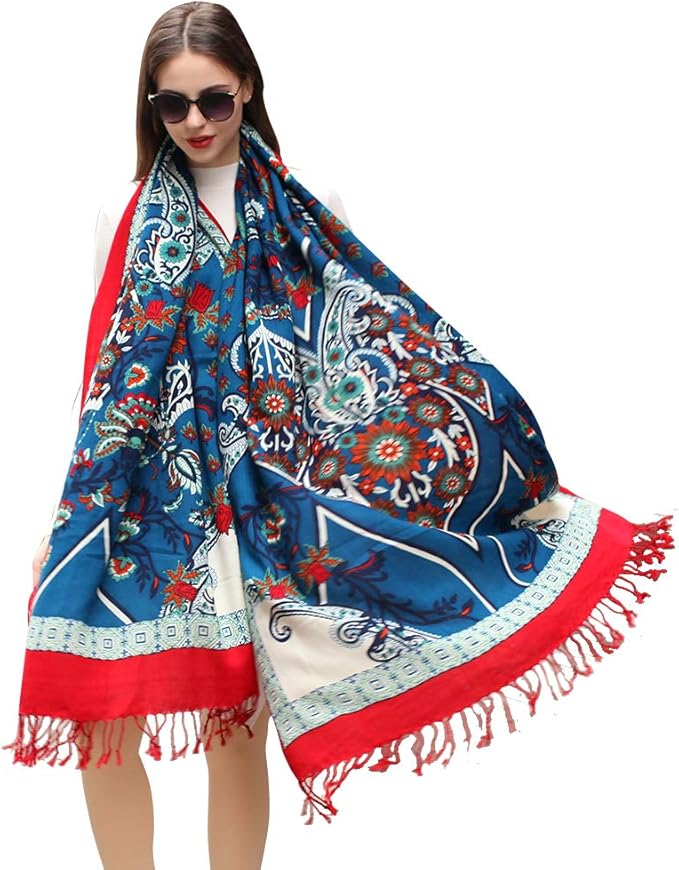 DANA XU 100% Merino Wool Extra Large Pashmina Blanket Travel Scarf Cashmere Wrap for Women Fall Winter Oversize Shawl Floral