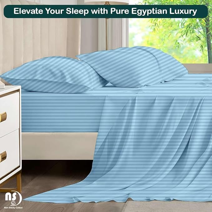 NON Sticky cotton Twin Size Sleeper Sofa Sheets, 4 Piece Egyptian Cotton Bed Sheet Set for Sofa Bed, 7" Deep Pocket for Pull Out Couch Mattress, 39" x 75", Light Blue Stripe, Soft & Breathable