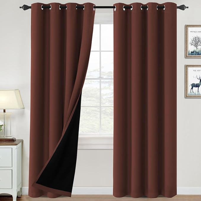 H.VERSAILTEX 100% Blackout Curtains for Bedroom Thermal Insulated Blackout Curtains 84 inch Length Heat and Full Light Blocking Curtains for Living Room with Black Liner 2 Panels Set, Rust