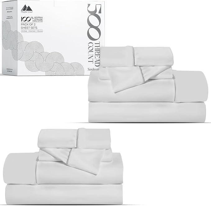 Mayfair Linen 100% Egyptian Cotton 2 Pack Twin Sheet Set - 500 Thread Count Cotton Sheets Twin Size (6 PC, Silver Grey), Extra Soft, Cooling, Sateen Weave, 16" Deep Pocket College Dorm Room Bed Sheet