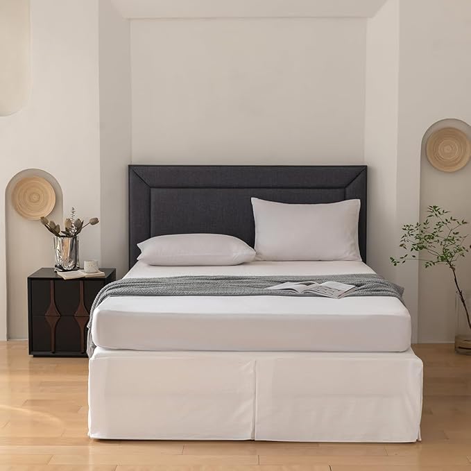 Queen Bed Skirt, Grid Plaid Soft Quadruple Pleated Ruffle Bed Skirt, Tailored Dust Ruffle 14 Inch Drop Easy Fit, Machine Washable (White)