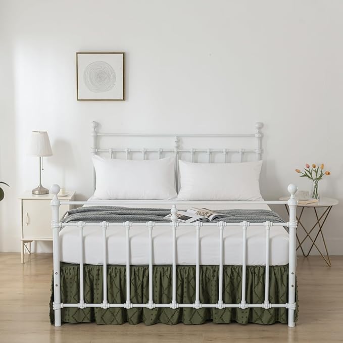 Bed Skirt Full Size Ruffled Bed Skirt with Split Corners, 18 Inch Drop Dust Ruffle Bed Skirts with Platform, Boho Tufted Shabby Chic Full Size Bed Skirts, Olive Green